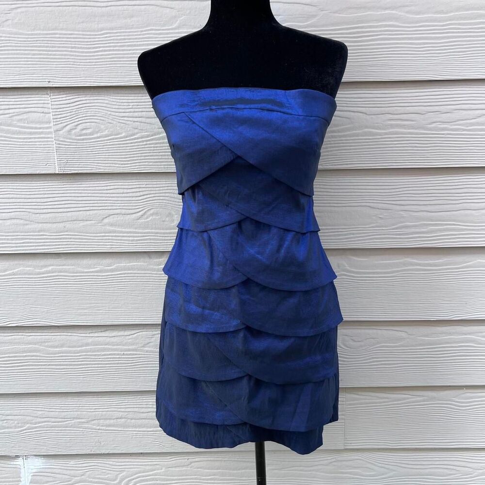 Blue strapless dress with tiered ruffles